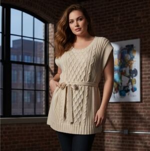 Innée cable-knit maxi top With Belt,Preppy/School Girl style,Cream,Plus Size 3X